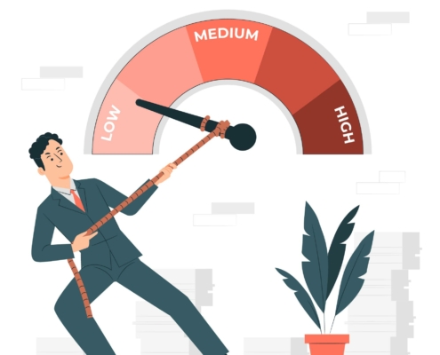 illustration, a man pulls the indicator of risk towards low
