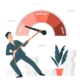 illustration, a man pulls the indicator of risk towards low